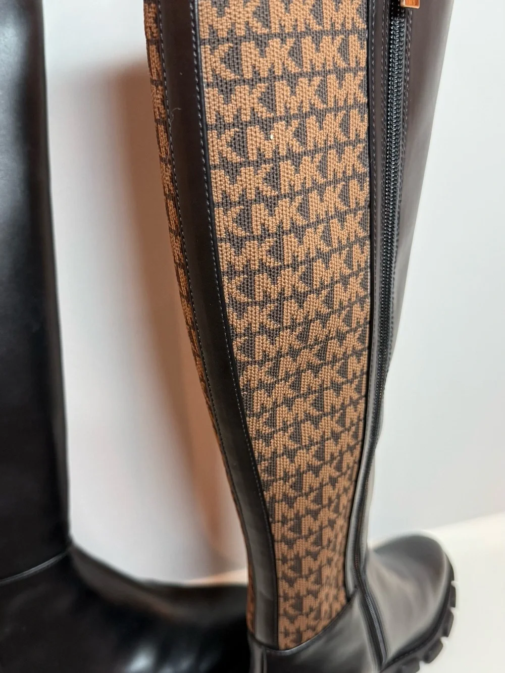 Michael Kors Black Leather & Brown Logo Tall Riding Boots